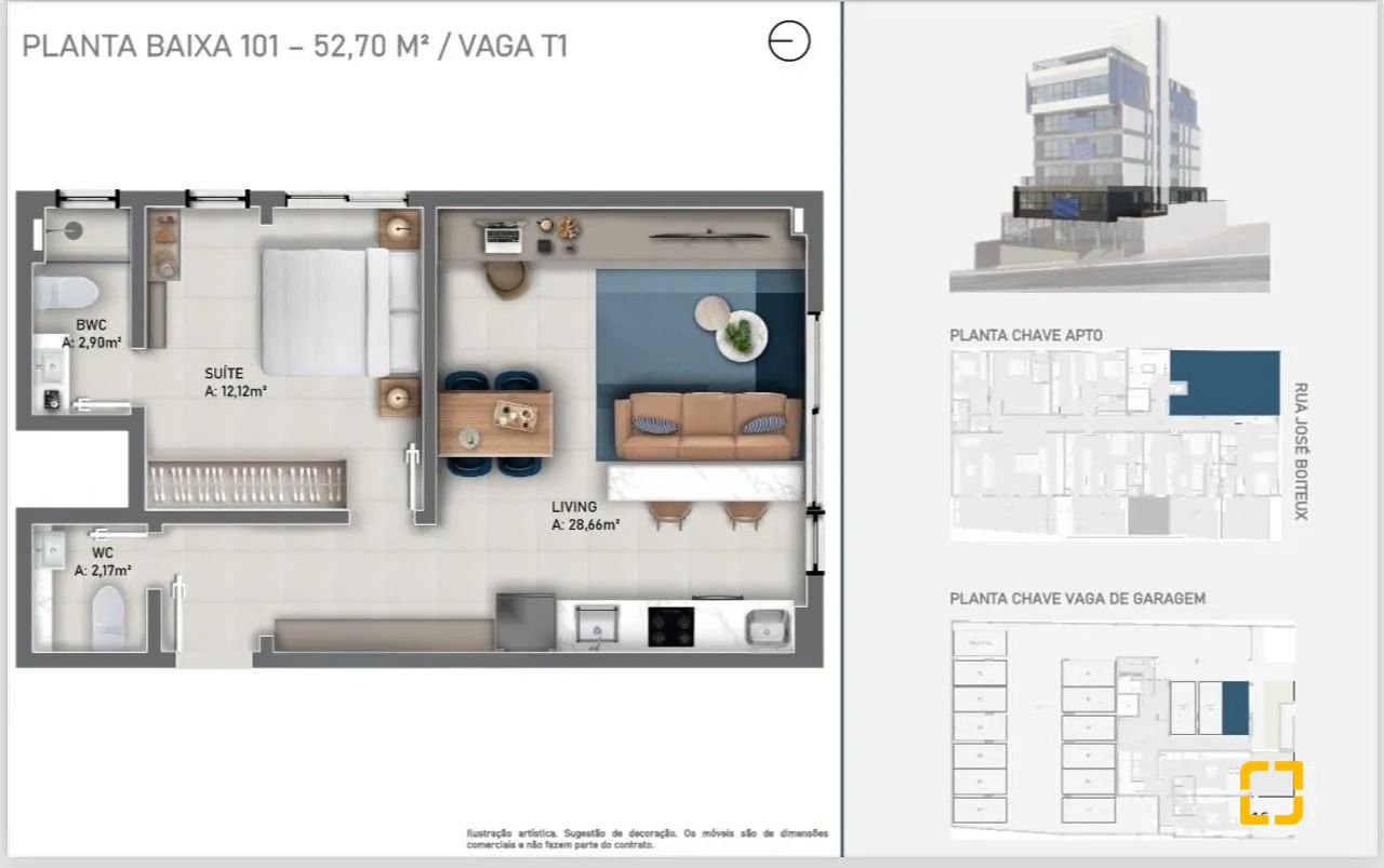 Apartamento com 52m², 2 quartos (sendo 1 suíte), 1 garagem, no bairro Centro em Florianópolis