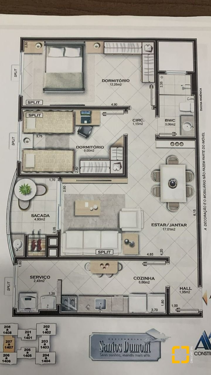 Apartamento com 67m², 2 quartos, 1 garagem, no bairro Barreiros em São José