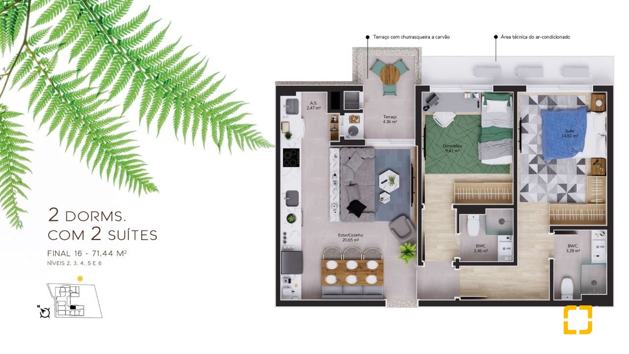 Apartamento com 71m², 2 quartos (sendo 1 suíte), 1 garagem, no bairro Cacupé em Florianópolis