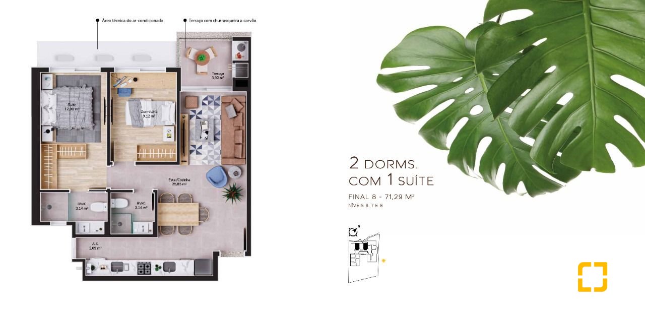 Apartamento com 71m², 2 quartos (sendo 1 suíte), 1 garagem, no bairro Cacupé em Florianópolis