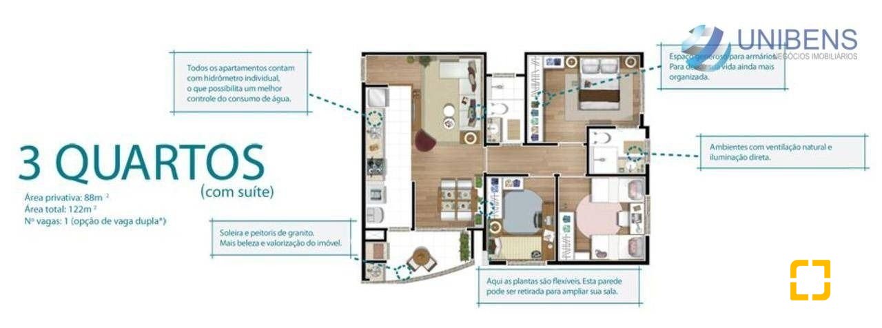 Apartamento com 88m², 3 quartos (sendo 1 suíte), 2 garagens, no bairro Jardim Cidade de Florianópolis em São José
