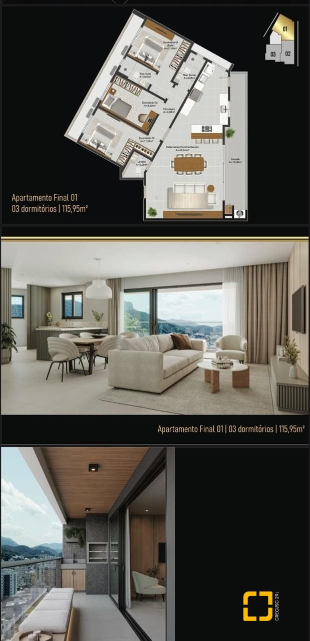 Apartamento com 115m², 3 quartos (sendo 1 suíte), 1 garagem, no bairro Pagani em Palhoça