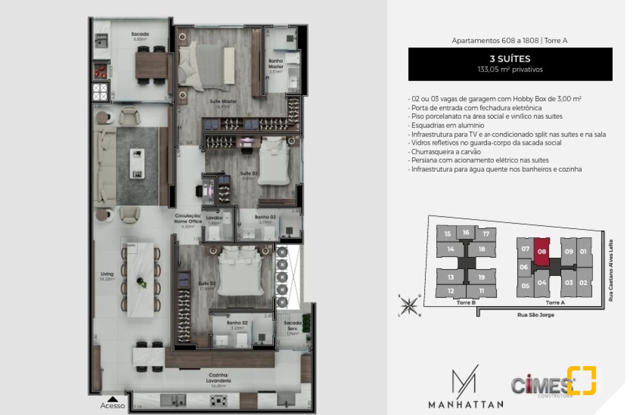 Apartamento com 133m², 3 quartos (sendo 3 suítes), 2 garagens, no bairro Nossa Senhora do Rosário em São José