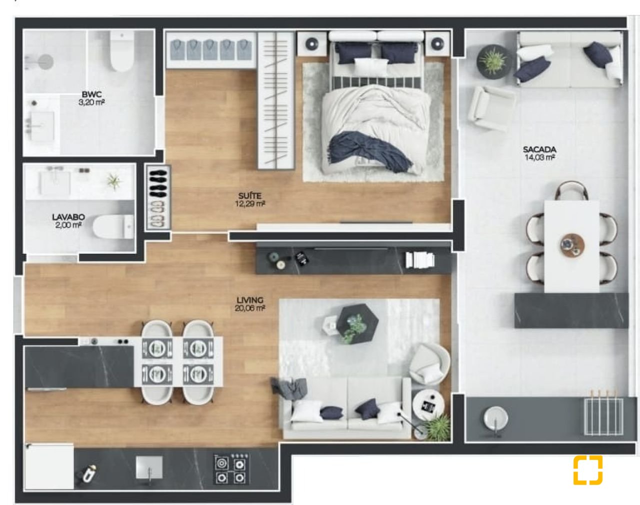 Apartamento com 58m², 1 quarto (sendo 1 suíte), 1 garagem, no bairro Vila Nova em Imbituba