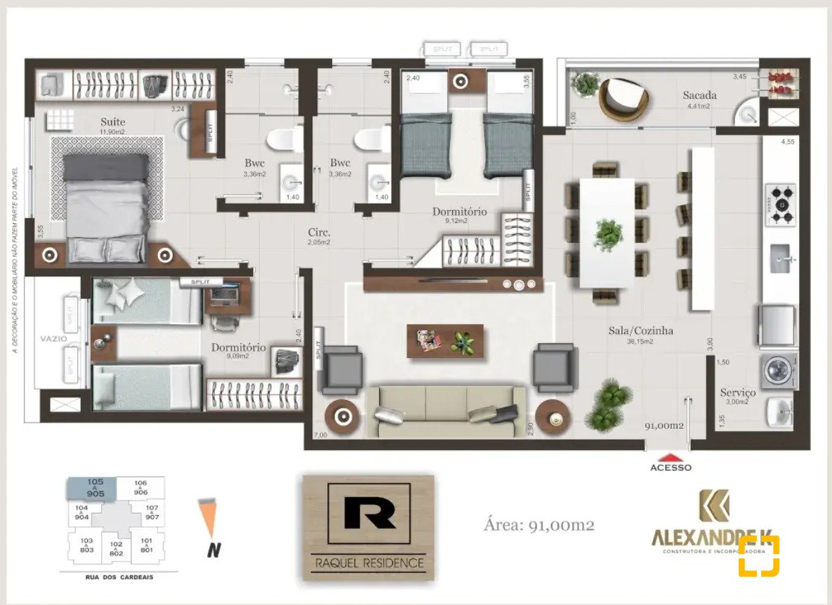 Apartamento com 91m², 4 quartos (sendo 1 suíte), 1 garagem, no bairro Pedra Branca em Palhoça