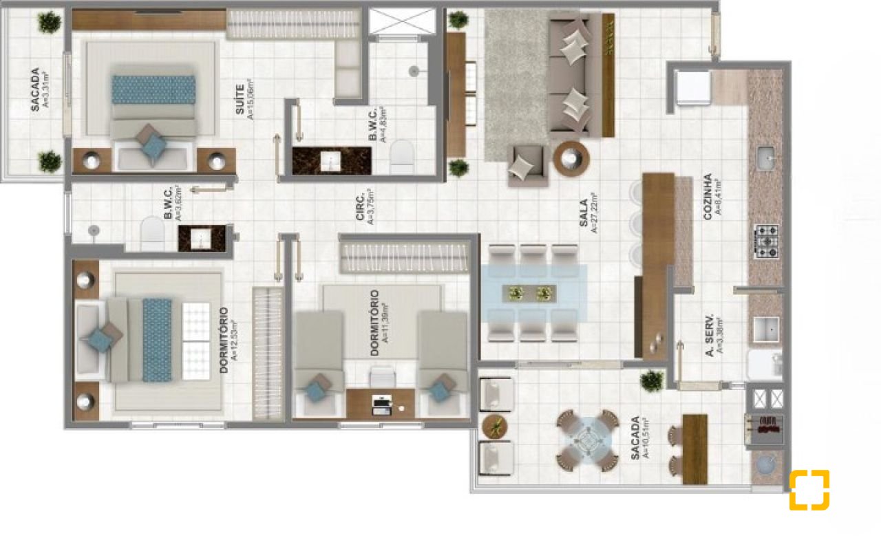 Apartamento com 119m², 2 quartos (sendo 1 suíte), 2 garagens, no bairro Nossa Senhora do Rosário em São José