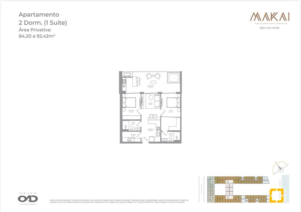 Apartamento com 84m², 2 quartos (sendo 1 suíte), 1 garagem, no bairro Campeche em Florianópolis