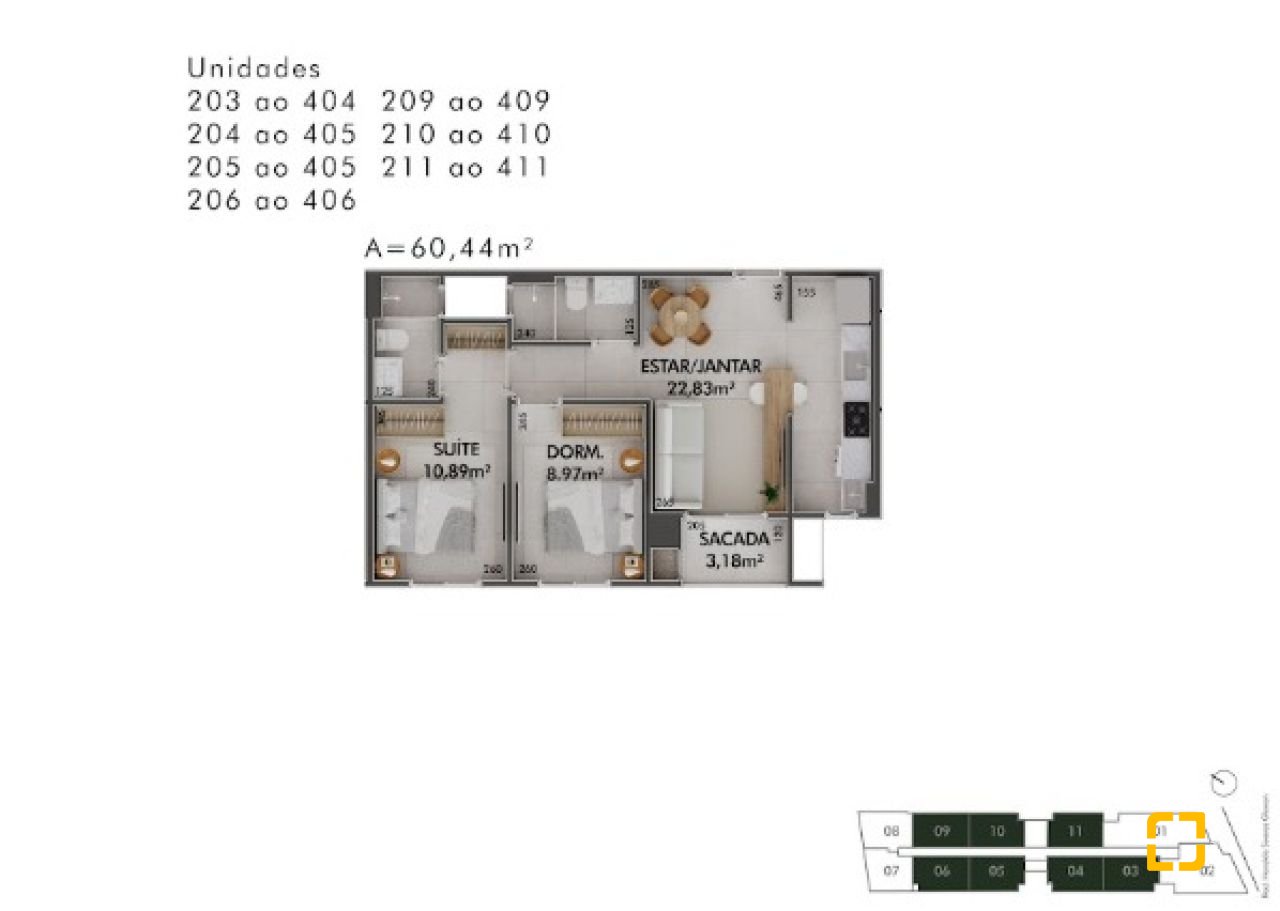 Apartamento com 60m², 2 quartos (sendo 1 suíte), 1 garagem, no bairro Cacupé em Florianópolis