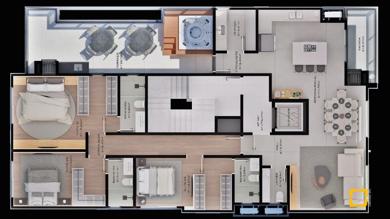 Apartamento com 91m², 3 quartos (sendo 1 suíte), 1 garagem, no bairro Centro em Palhoça