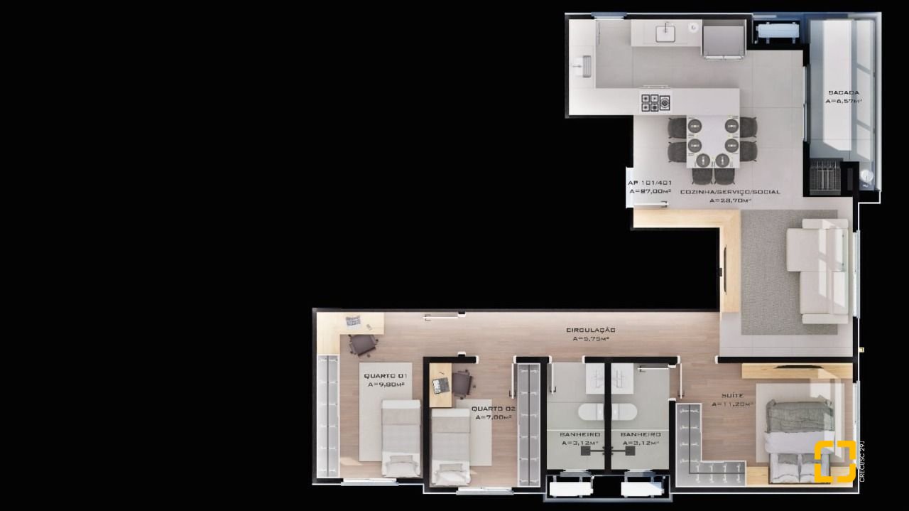 Apartamento com 100m², 3 quartos (sendo 1 suíte), 1 garagem, no bairro Centro em Palhoça